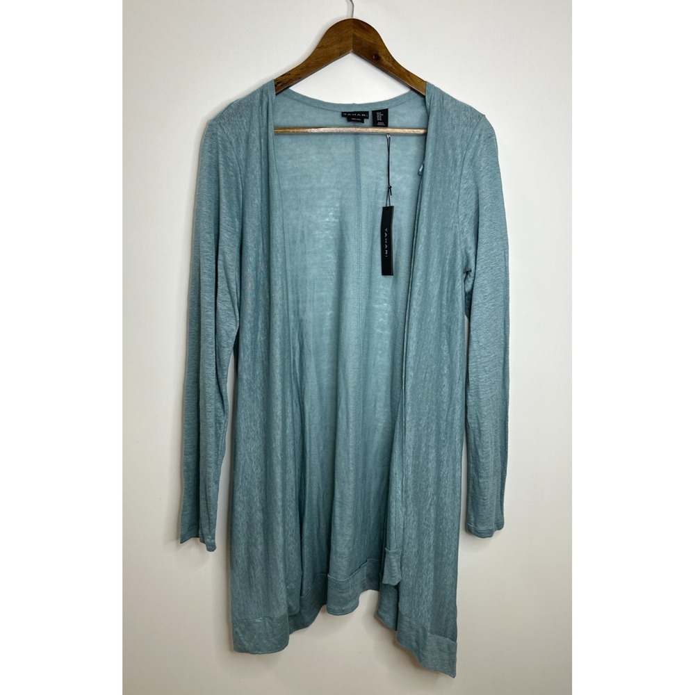 New Tahari 100% Linen Open Front Cardigan Dusty Teal Blue Longline Duster Medium - Picture 10 of 11